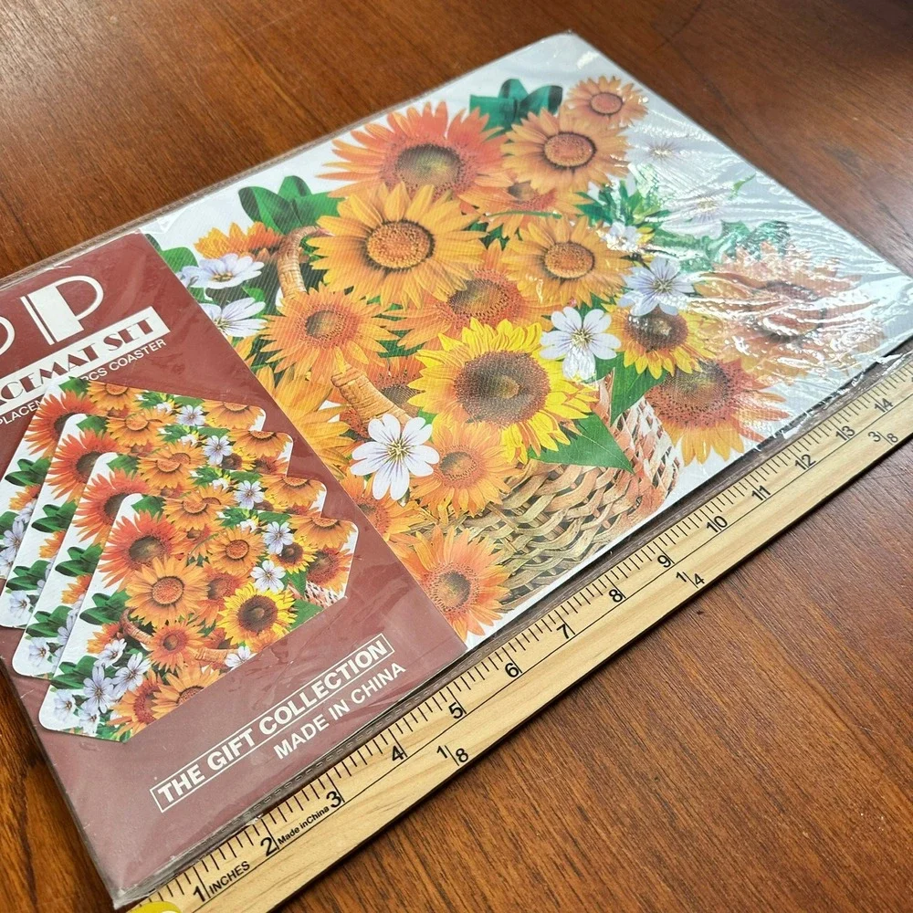 Vintage NEW Sunflower Placemat Set 4 Placemats 4 Coasters Floral Yellow SEALED